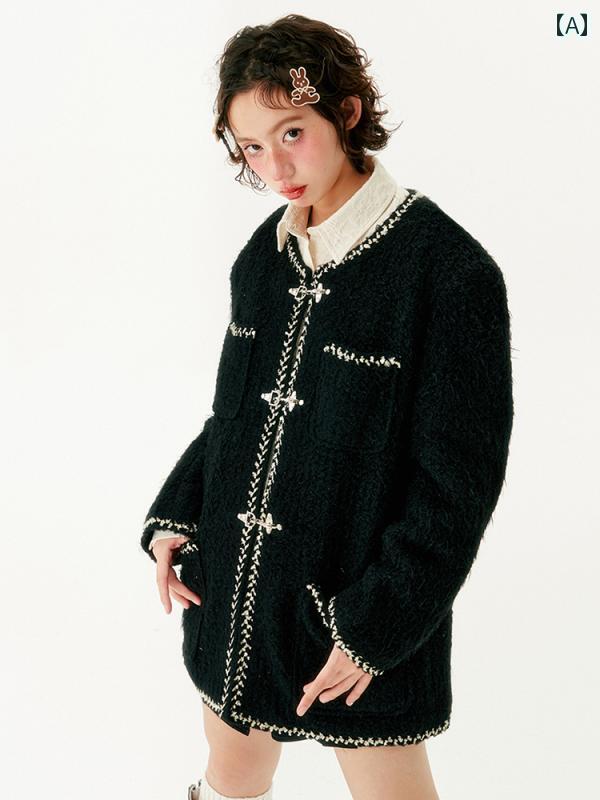 女性 黒 コート 編組 飛行機 バックル 小さな フレグランス ジャケット 冬 トップス ファッション 無地..