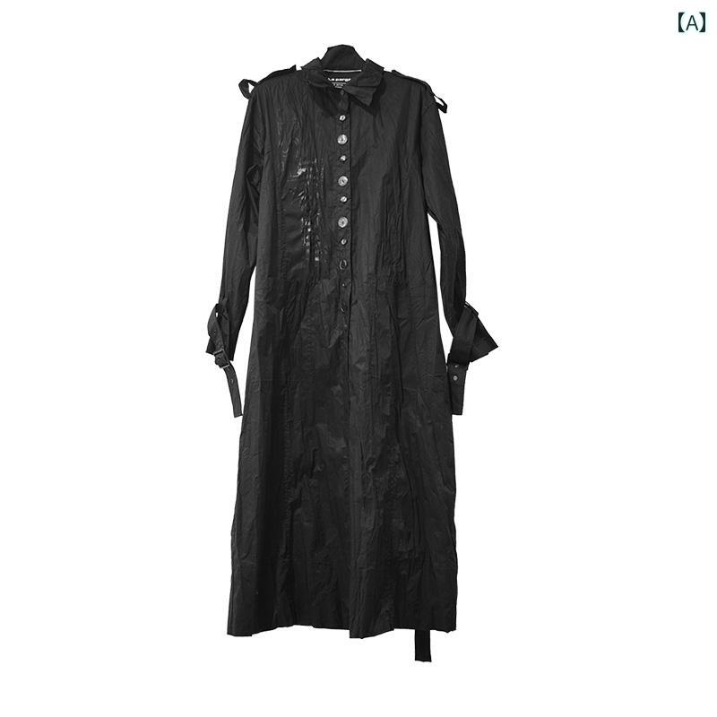 女性 黒 コート ロング ウインドブレーカー ジャケット 春 個性 カジュアル 長袖 トップス 無地 シングルブレスト レギュラースリーブ