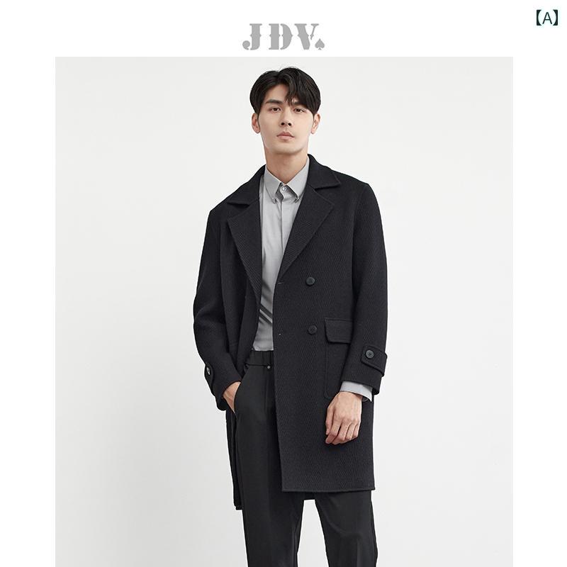 メンズ ブラックコート 春秋 ミドル丈 カジュアル ダブルブレスト レジャー ミディアム 両面 ウール 暖かい ゆったり
