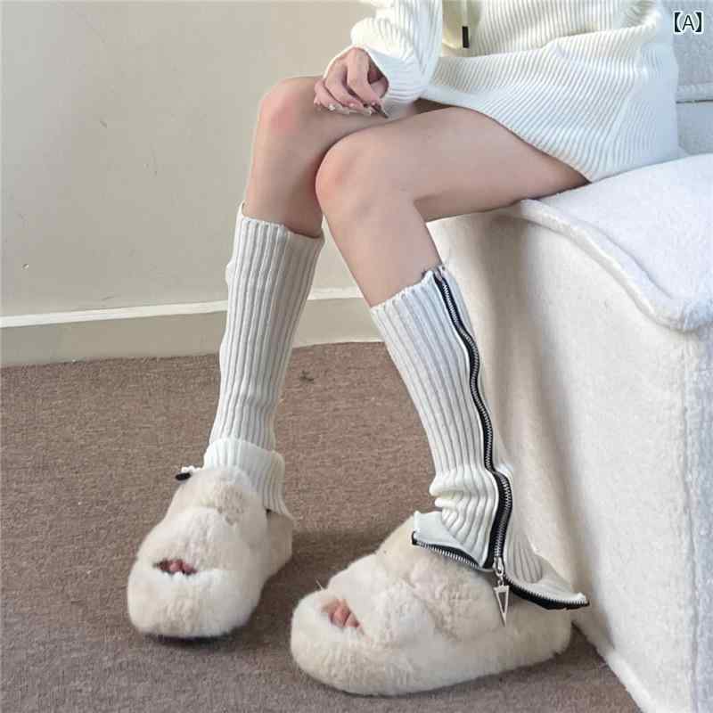 レッグウォーマー ニット ソックス セット ジッパー 秋冬 暖かい 無地 パンク レギンス ミッドチューブ スタック 女性 白 グレー 黒