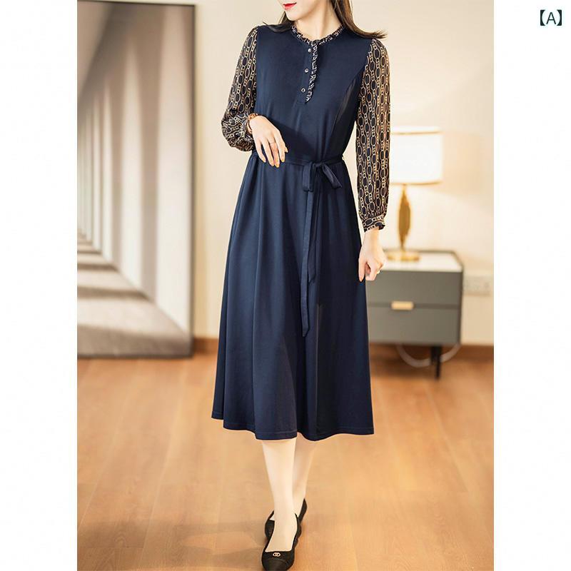 花柄 ドレス レトロ柄 長袖 女性 春 通勤 カジュアル 白 スカート ラウンドネック プルオーバー ミモレ丈 ブルー