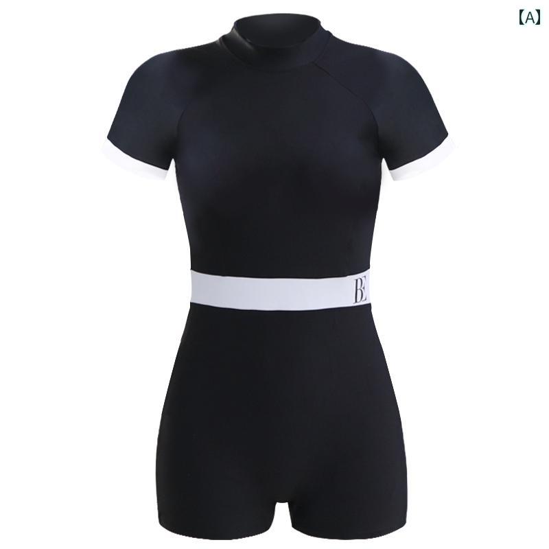 レディース 日焼け防止 水着 カジュアル ワンピース 胸パッド付き スリムフィット スカルプティング 黒