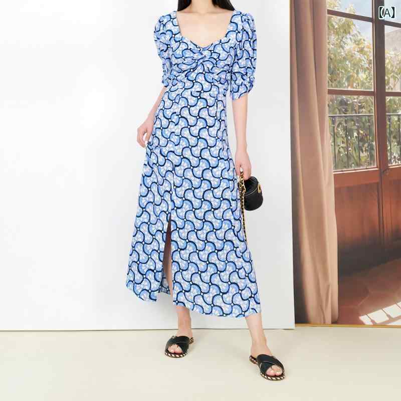 花柄 ドレス ウエスト フロント スムーズ 薄手 クレープアイス ブルー 柄 半袖 ティーブレイク 女性用 Vネック プルオーバー