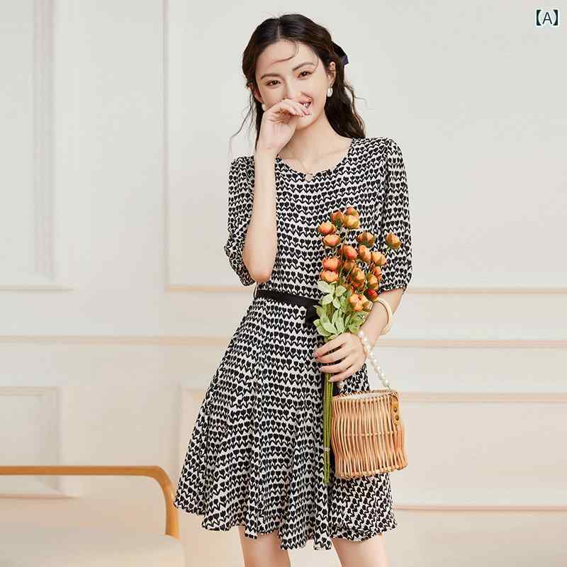 花柄 ドレス 白 ファッション パターン スカート 夏新 ラウンドネック ランタン スリーブ ベルト 通勤