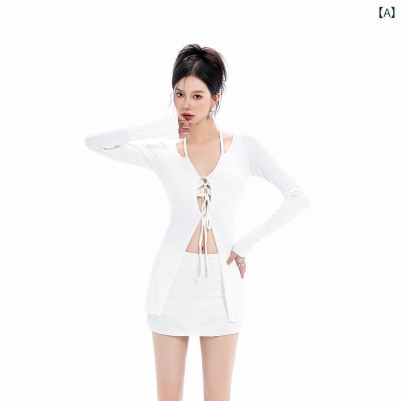 レディース 日焼け防止 水着 ナイロンスパンデックス スプリット 長袖 Vネック ブラウス セクシー 夏 白