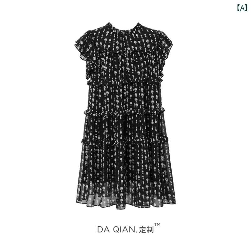 花柄 ドレス フランス ドット 半袖 女性 夏 ファッション スリム スカート シフォン ラウンドネック ハ..