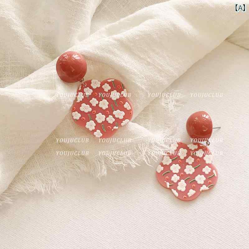 かわいい イヤリング レディース レトロ コントラストカラー イヤークリップ 花柄 ピンク 青