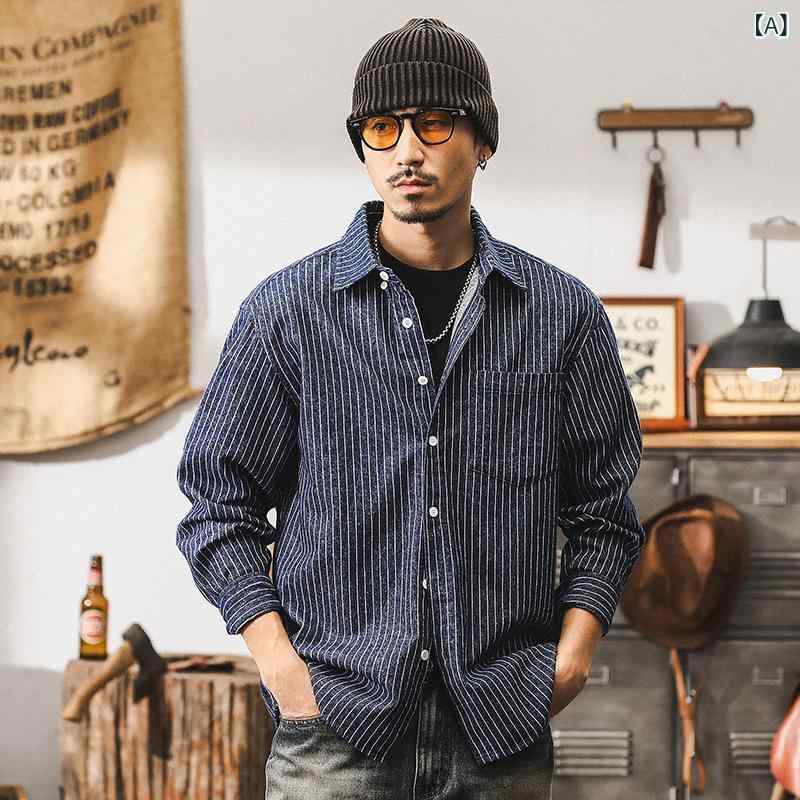 シャツ メンズ 長袖 秋服 アメリカン レトロ ストライプ カジュアル トップス ゆったり ビッグシルエット ワークウェア デニム風 ジャケット アウター 羽織り 大きいサイズ 体型カバー 着痩せ お腹周り 二の腕カバー 通勤用 普段使い 重ね着 厚手