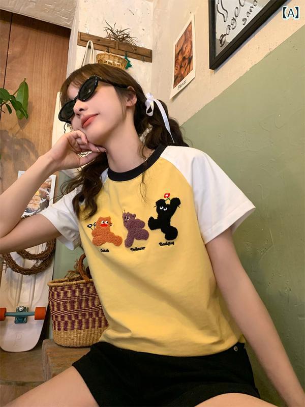 かわいい Tシャツ 夏 タオル 刺繍小さな スリーブ 和風 ゆるい 学生 半袖 女性 おしゃれ カジュアル 黄..