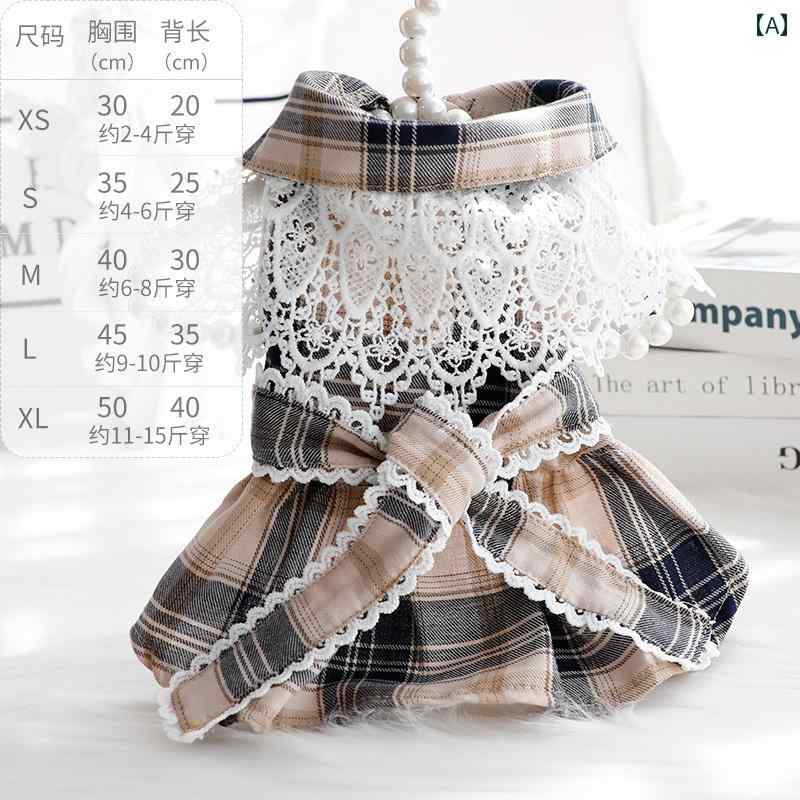 ペット服 チェック柄 春夏 薄手 コットン プリンセス ドレス レース かわいい 紺 茶色