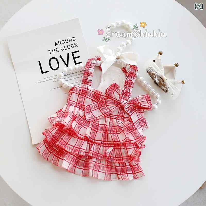 ペット服 チェック柄 春夏 薄手 プリンセス ドレス かわいい 赤