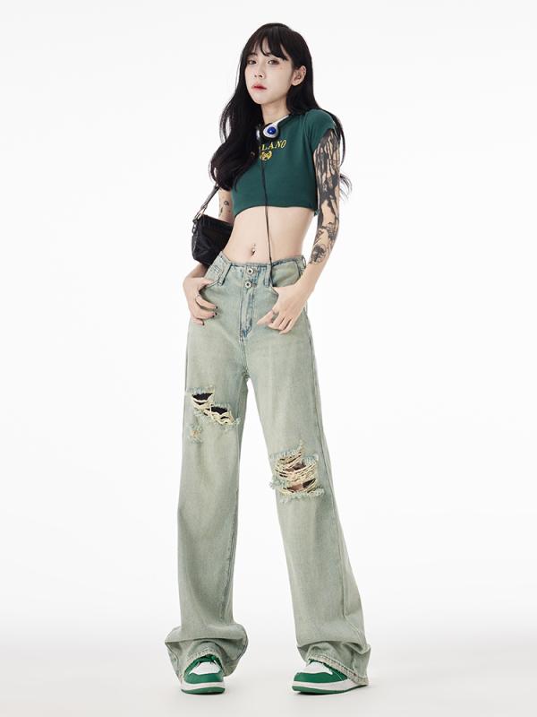 レディース リップドジーンズ アメリカンレトロ ダブルボタン ウォッシュド ハイウエスト 昔ながら ワイドレッグ カジュアル パンツ ストレート