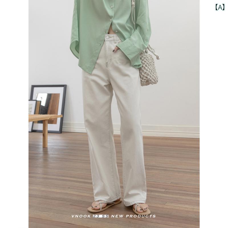 ジーンズ スポーツシューズ カラーコットン 女性 夏 薄手 ストレート ハイウエスト カジュアル グラウンドパンツ デニム