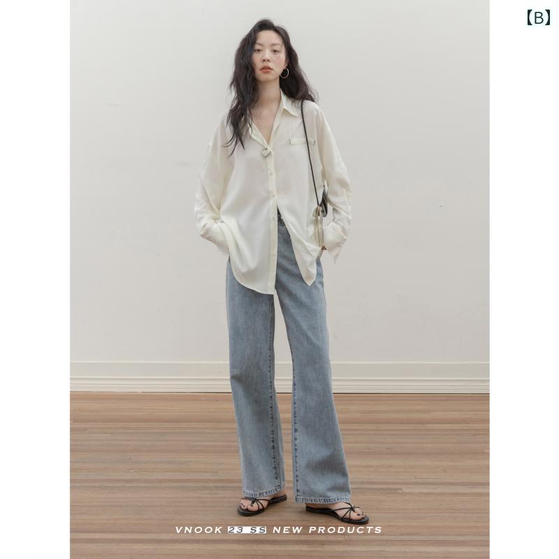 暮らしのお手伝いのジーンズ スポーツシューズ カラーコットン 女性 夏 薄手 ストレート ハイウエスト カジュアル グラウンドパンツ デニム｜アングル2