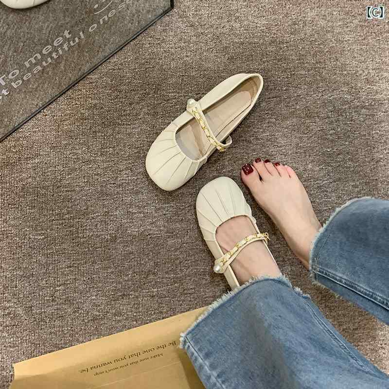 かわいい 靴 レディース ベルト パールチェーン メリージェーン ラウンドヘッド フラットボトム 茶色