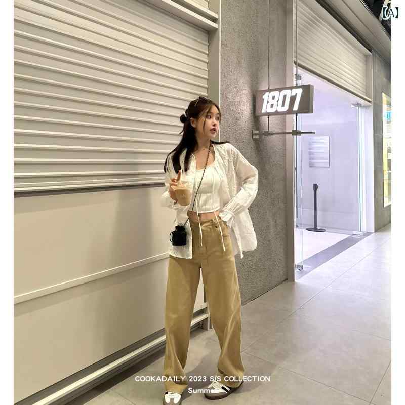 ジーンズ スポーツシューズ デイリーワークウェア デニム 女性 薄手 ストレートパンツ ハイウエスト ソリッド イエロー グリーン