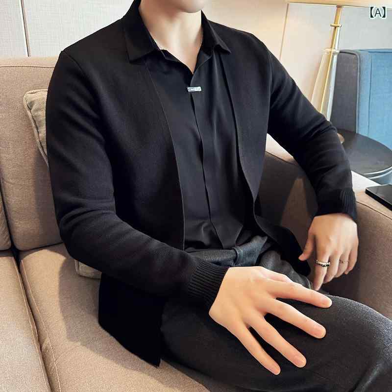 ニット セーター 男性用 大きいサイズ ゆったり 体型カバー Vネック 襟付き 重ね着風 長袖 春秋冬 トップス プルオーバー 伸縮性 薄手 無地 切り替え ストレッチ きれいめ カジュアル 通勤 通学 ビジネス ビッグシルエット 高級感 ストレッチ素材