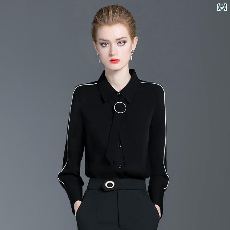 蝶ネクタイ シフォンシャツ 女性 春秋 長袖 黒 トップ アウター POLO襟 半 レギュラー ストレート 綺麗..