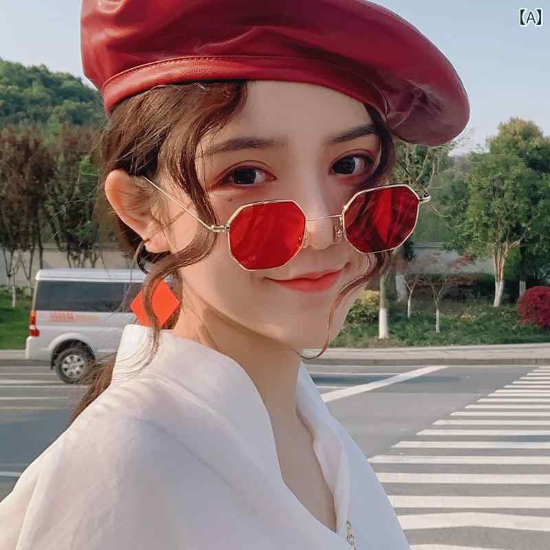 サングラス 赤 スモールフレーム 女性 韓国 装飾 凹面形状 アンカー 小顔 メガネ ユニセックス 樹脂 ス..