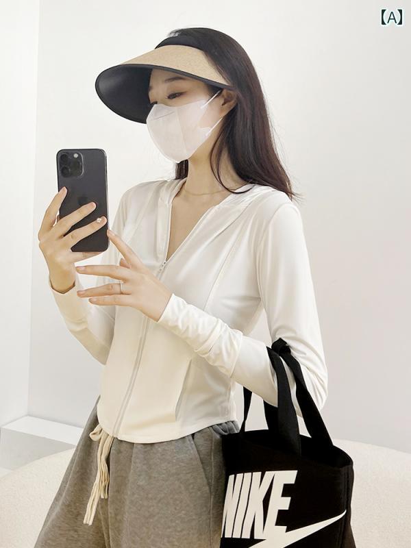 女性用パーカー タイト スリム スポーツウェア 日焼け防止 夏 UV 保護 ホワイト ピンク ブラック