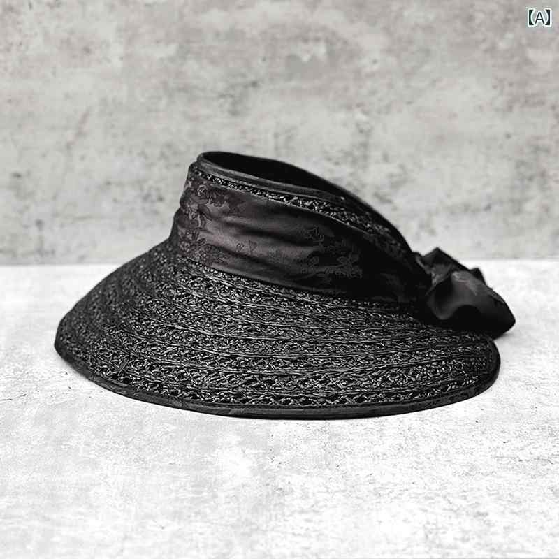 ラフィアハット 和風 ビッグ エッジ リボン 麦わら帽子 女性の夏の海辺のビーチ 日焼け防止 日よけ 旅行 エレガント 蝶ネクタイ