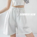 スポーツ ショートパンツ レディース 夏 女の子 ハイウエスト カジュアル ワイドレッグ 五分丈 ストレート ポケット グレー ブラック ホワイト