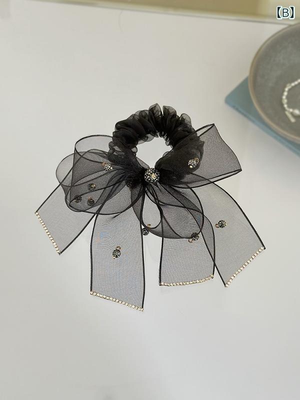 ヘアアクセサリー メッシュ ジルコン ちょう結び リング低 ミートボール ヘッド ロープ 女性 ブラック おしゃれ 綺麗 可愛い