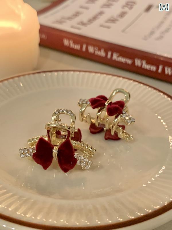 ヘアアクセサリー レッド ベルベットのリボン 小さなクリップ 女性 秋冬 プリンセス サイド 前髪 シー..