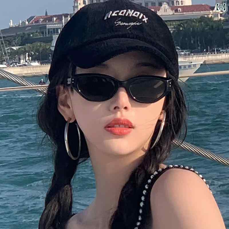 サングラス ユニセックス 写真 運転 レトロ キャットアイ 日焼け防止 抗UV 凹面形状 韓国 ブラック