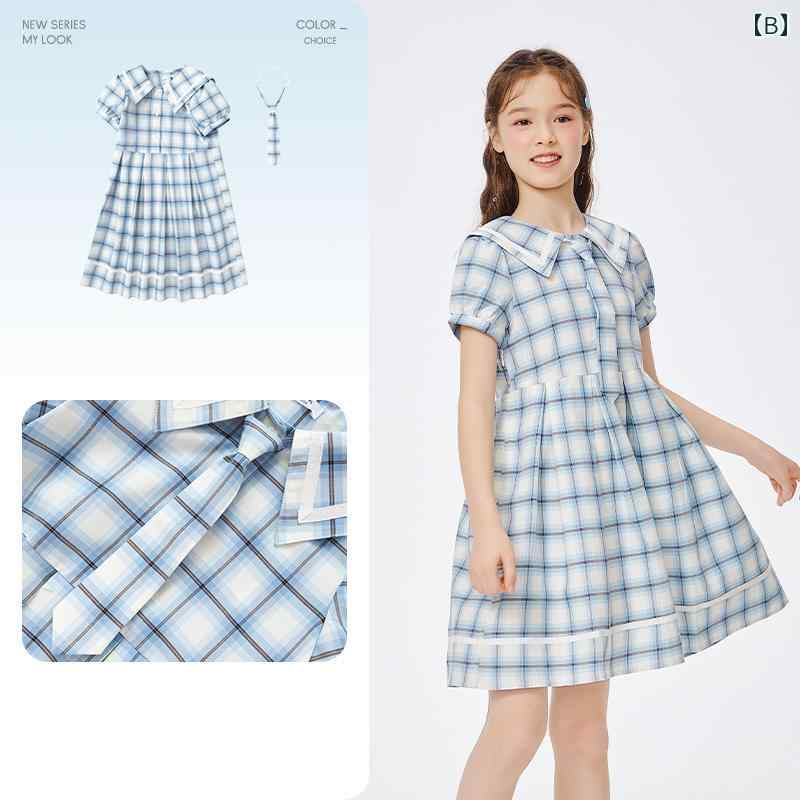 子供用 プリンセスドレス 女の子 おしゃれ ビッグ サマー 薄型チェック柄 ピンク ブルー パープル 2