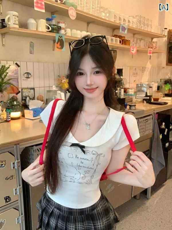 Tシャツ レディース 半袖ショート丈 猫プリント リボン ホワイトガーリーナチュラ...