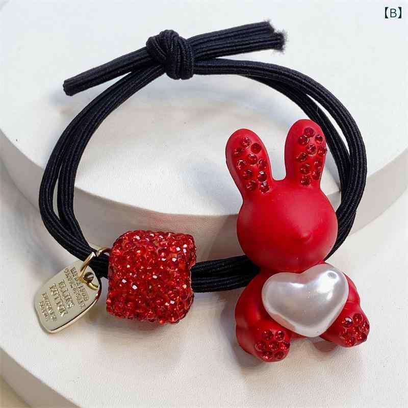 赤髪 ロープ ウサギ ヘア リング レディース アクセサリー クリスマス クリスタル ビーズ 赤色 黒色