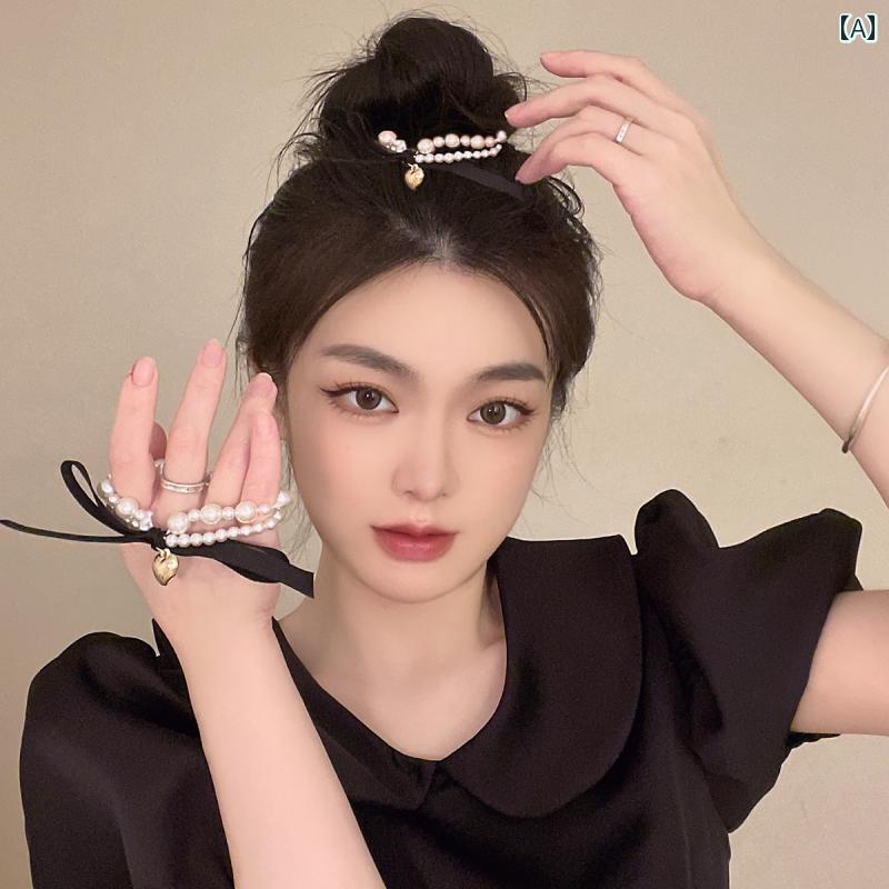 ヘアロープ パール リング 女の子 レトロ エレガント 髪留め ブレスレット かわいい おしゃれ ハート