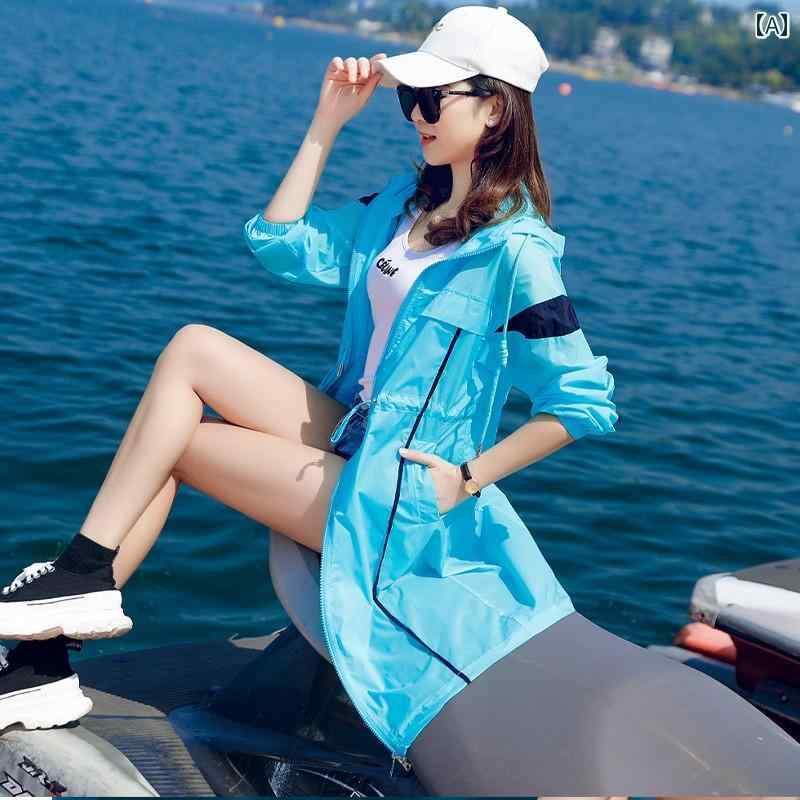 レディース ウインドブレーカー フード付き ロング 夏 薄い 通気性 日焼け防止 グリーン ホワイト ピンク