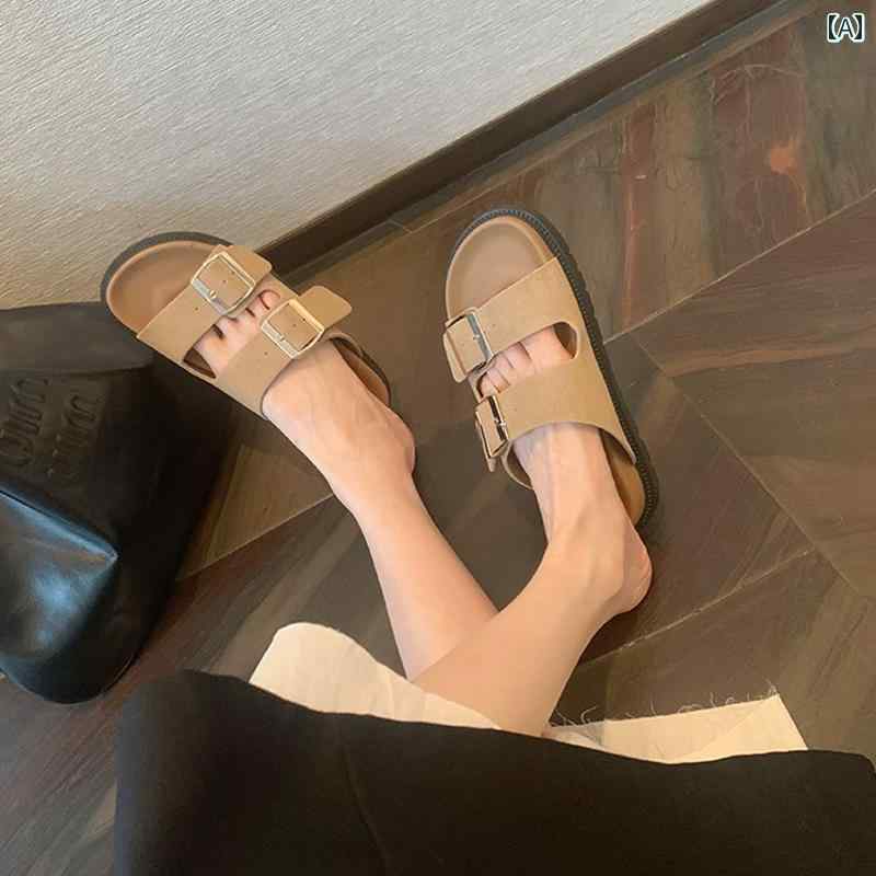 プラットフォームシューズ レディース レザー 厚底 フラットボトム サンダル カーキ 黒 白