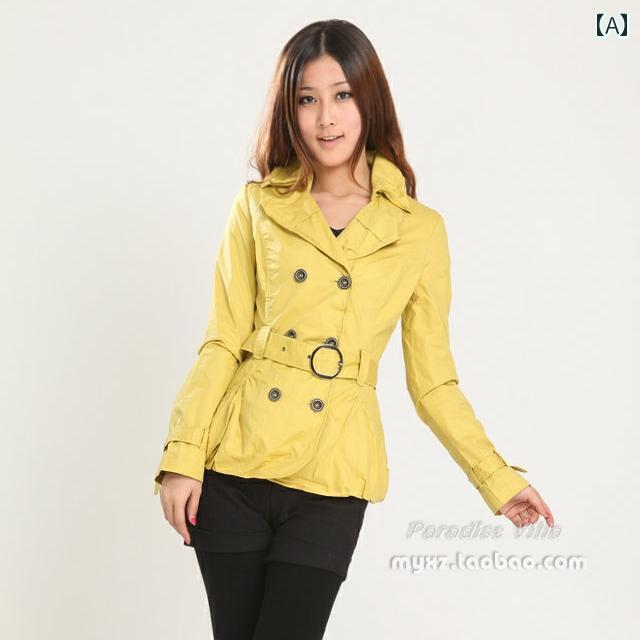 トレンチコート 黄色 ダブルブレスト ベルト スリム ミドル丈 ウインドブレーカー ジャケット 綺麗 おしゃれ 可愛い