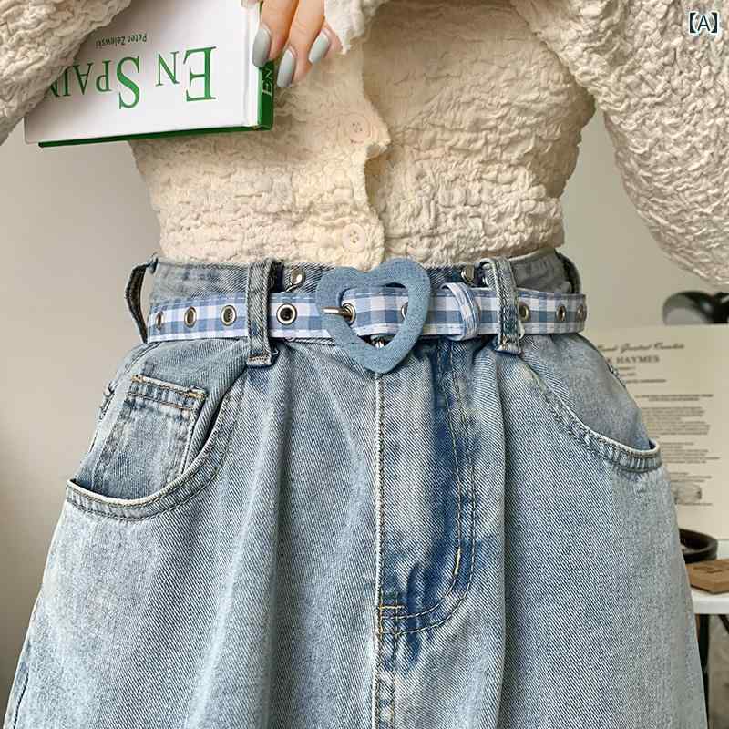 女性 レディース ベルト ファッション ピン バックル ハート チェック柄 ブルー おしゃれ カジュアル かわいい ワンポイントアクセント