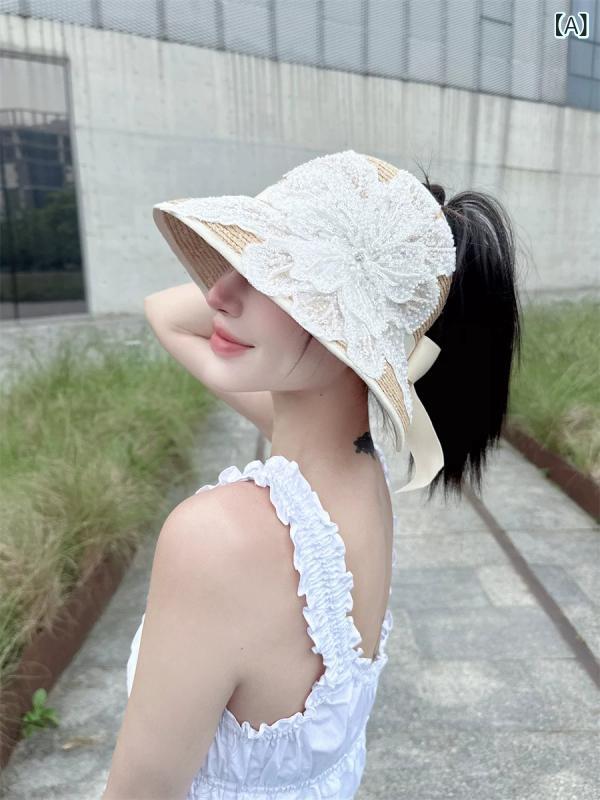 麦わら帽子 レディース つば広 ハット ラフィアハット 折りたたみ可 レース パール ビッグフラワー付き エレガント 高級感 紫外線対策 日焼け防止 日除け帽 UVカット 遮光 持ち運び便利 旅行用 アウトドア レジャー リゾート お出かけ用 散歩用 海 taico-10085846 暮らしのお手伝い パッケージ画像