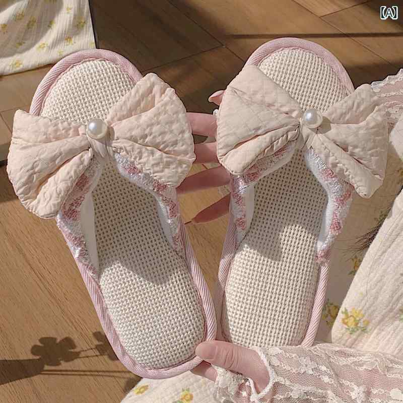 女性用 スリッパ 薄いストリップ 妖精風 ちょう結び リネン サンダル 夏 オールシーズン ユニバーサル..