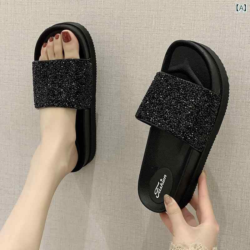 女性用 スリッパ ファッション ネット レッド サンダル 夏 摩耗 滑り止め マフィン 厚底 スロープ ヒール ラインストーン ビーチシューズ