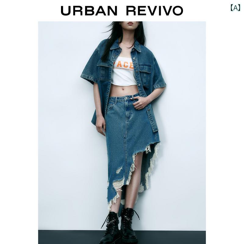 破れた デニムスカート レディース カジュアル シンプル レトロ ハイウエスト スリムフィット 青
