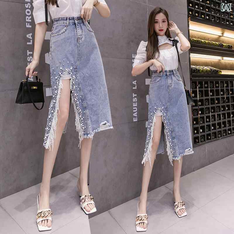 破れた デニムスカート レディース カジュアル シンプル ハイウエスト スリムフィット ミッドレングス ミドル丈 青