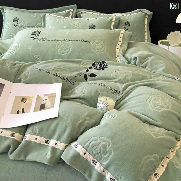 ベッドシーツ ヨーロピアン 秋冬 暖かい ミルク 4点セット プラス 刺繍 両面 フランネル キルトカバー ..