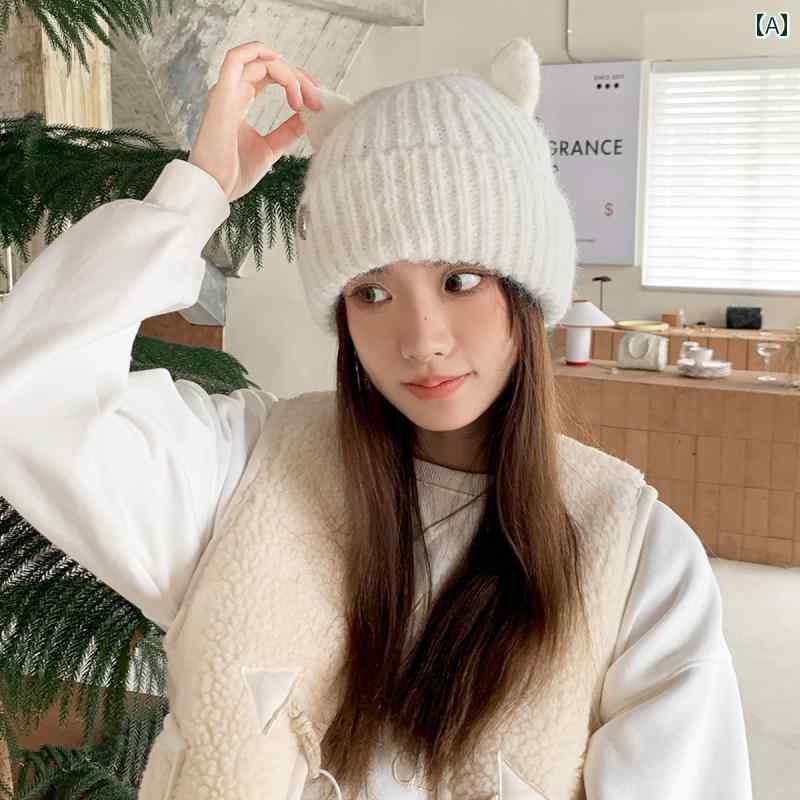 猫耳 帽子 レディース かわいい ニット カジュアル 白 グレー カーキ(4)