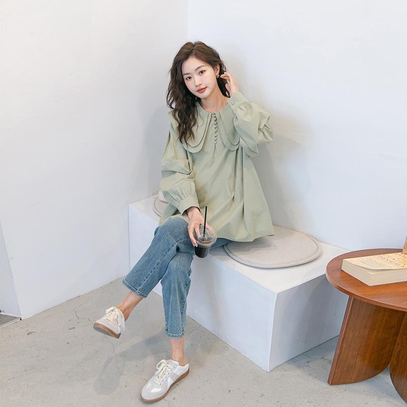 マタニティシャツ スイート フレンチ 春秋 長袖 フリーサイズ アプリコット・ブラック・ホワイト・パープル