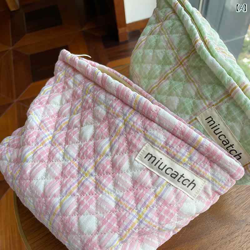 大容量 収納バッグ キルティング チェック柄 化粧品 カラフル ストライプ 手持ち ポータブル キャンバス ハンド ストレージ クロス パターン レッド ブルー グリーン