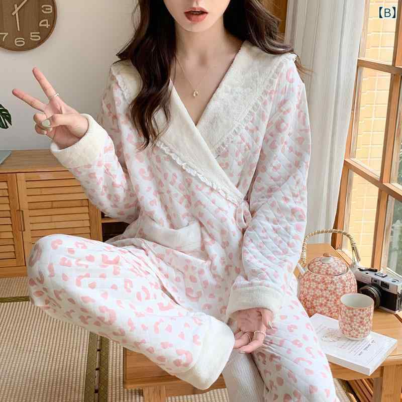 マタニティ パジャマ 空気 産後 服 春秋冬 粋な 綿 授乳 ホーム マタニティパジャマ Vネック コットン100 ヒョウ柄 ブルー ピンク 2