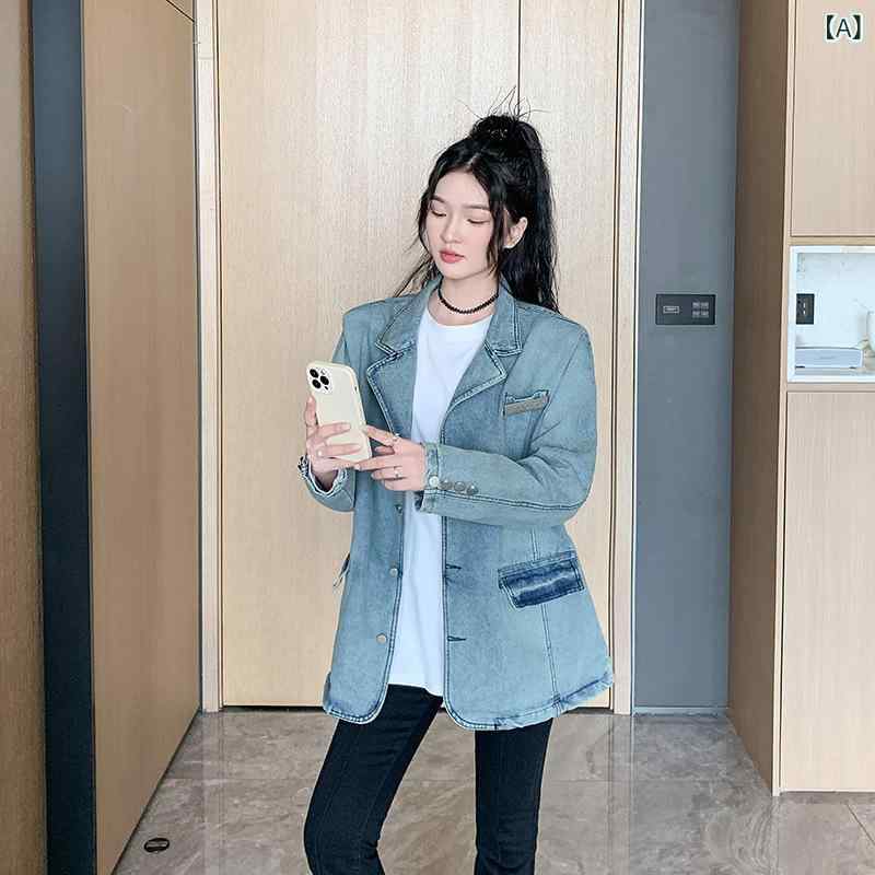 テーラードジャケット レディース アウター 長袖 秋服 秋冬 学院風 レトロ ファッション 韓国風 ゆったり 大きいサイズ 体型カバー 着痩せ デニム カジュアル 通勤用 普段使い 羽織り 通学コーデ ビッグシルエット デニムジャケット