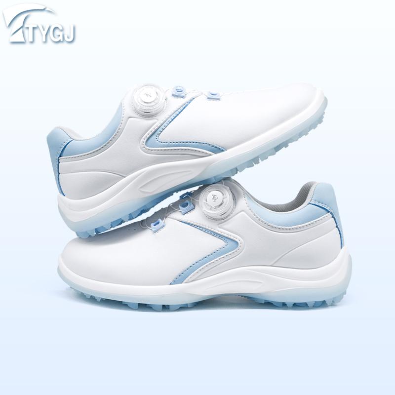 レディース ゴルフシューズ スポーツ ターンバックル レース 滑り止め 底 固定 釘 軽量 カジュアル 青 白
