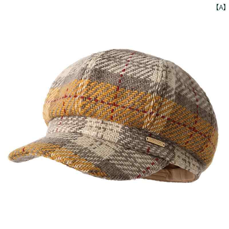 女性 ベレー帽 英国 レトロ チェック柄 ウール 秋冬 裏起毛 暖かい 耳 保護 八角形 通気性 抗菌性 イエロー